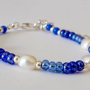 Freshwater Pearl and Blue Luster Seed Bead with Silver Beaded Bracelet, Bracelet